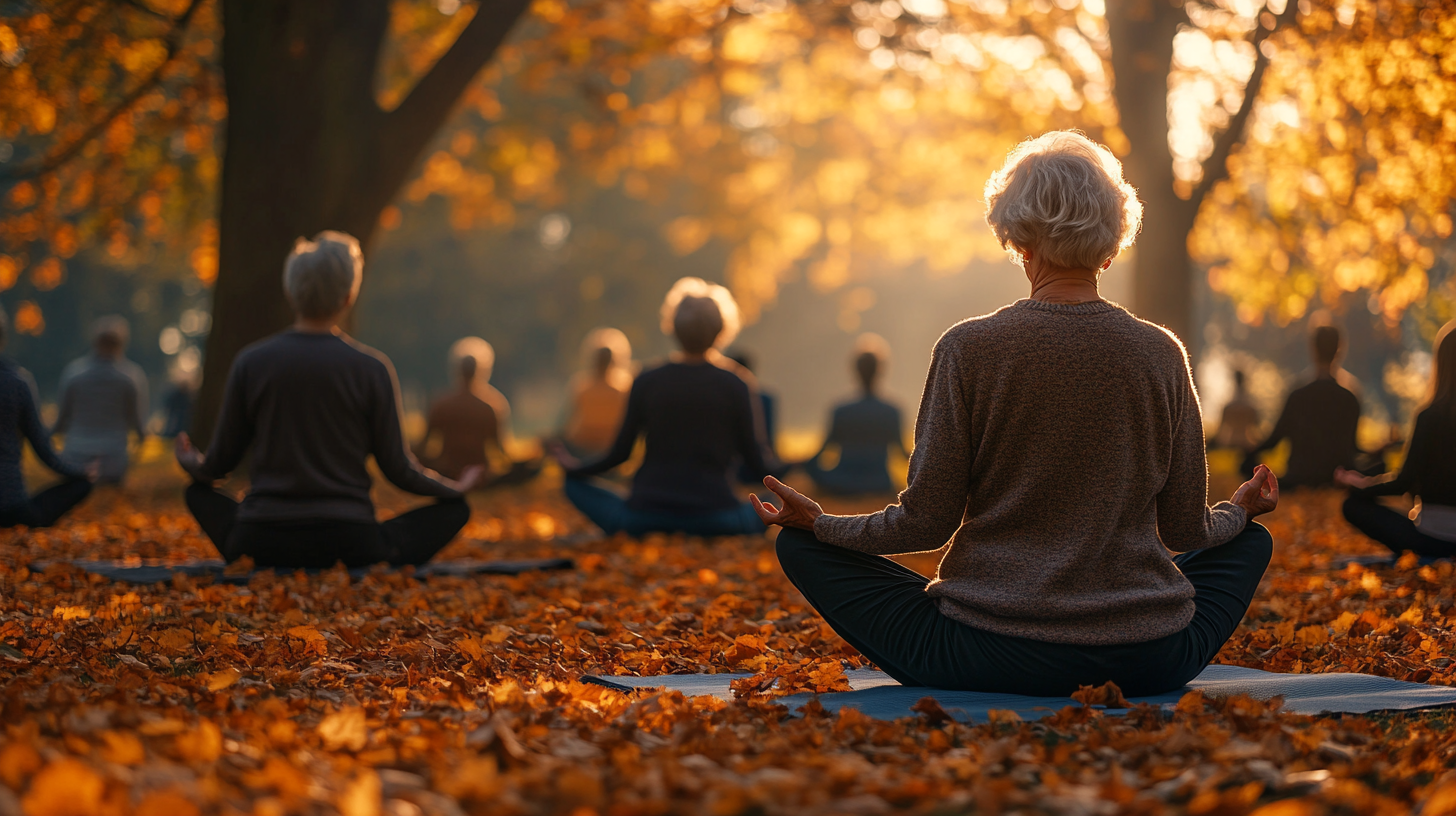 Група людей старшого віку займається йогою на свіжому повітрі